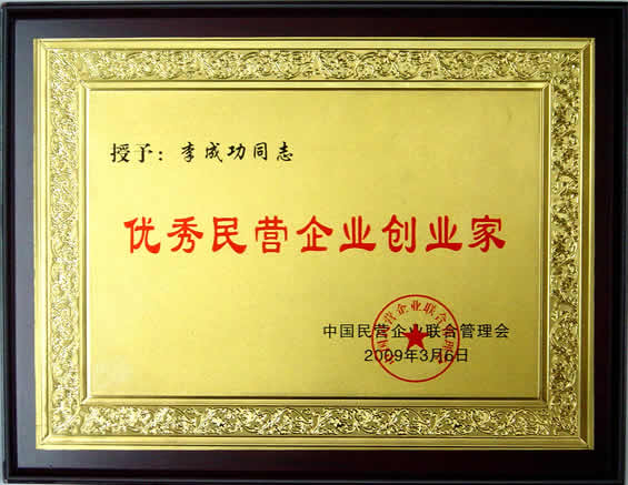 “優(yōu)秀民營(yíng)企業(yè)創(chuàng)業(yè)家”榮譽(yù)證書(shū)